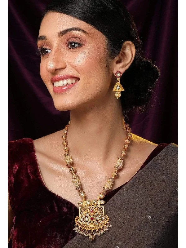 tendril drop necklace-Rubans 24K Gold Plated Handcrafted White Kundan & Antique Gold Filigree Beads Necklace Set