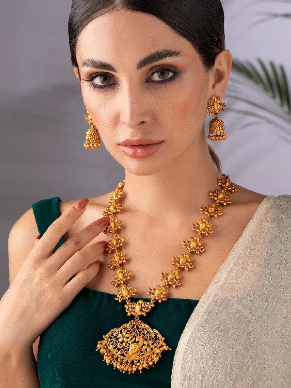 rover layered necklace-Rubans Gold Plated Handcrafted  Traditional Temple Necklace Set