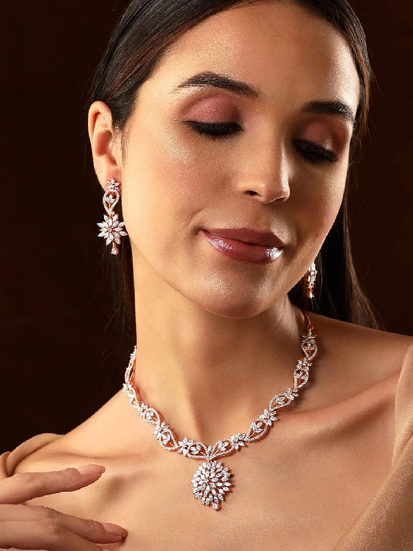 sci-fi angular necklace-Rubans Rose Gold Plated Handcrafted Zircon Stone Studded Floral Necklace Set