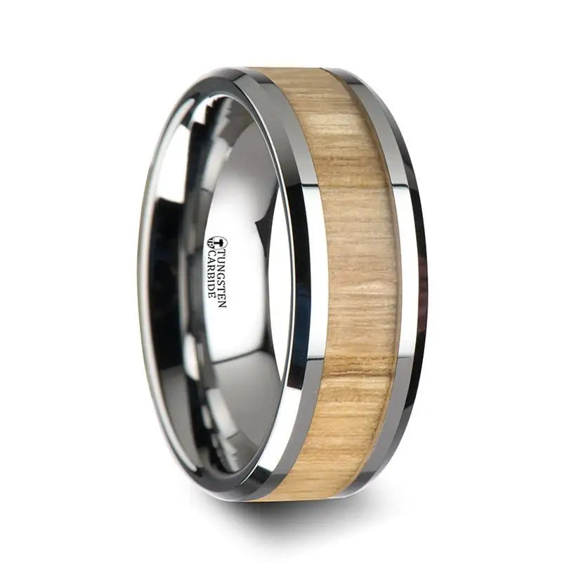 stretchable infinity ring-SAMARA Tungsten Ring with Polished Bevels and Real Wood Ash Wood Inlay