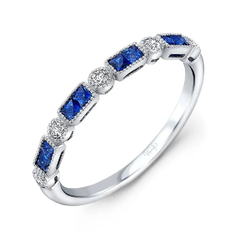 lavish cocktail ring-Sapphire & Diamond Milgrain 14K White Gold Halfway Band