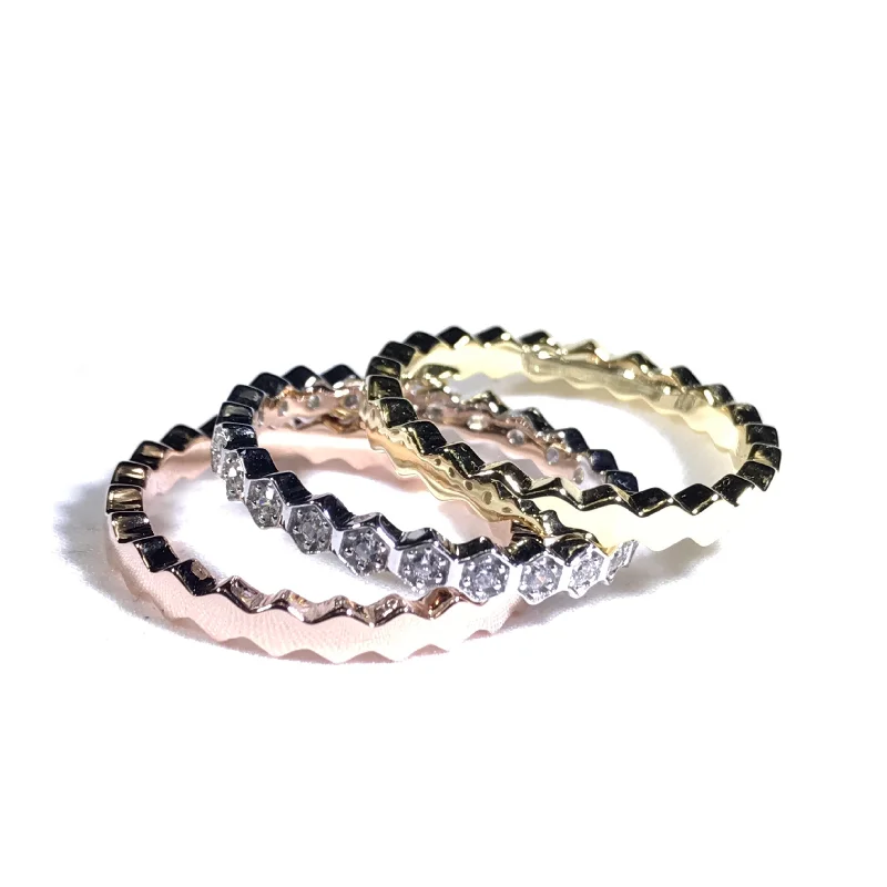 silver twist ring-Set Of Tricolor Rings With Hexagon Shape