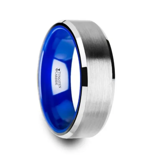 robust statement ring-SIRIUS Flat Beveled-Edged Tungsten Ring Brushed and Vibrant Blue Ceramic Inside