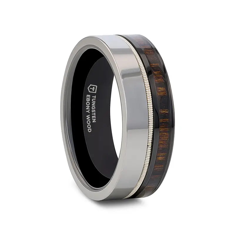 baroque amber ring-SLATE Tungsten & Ceramic with Guitar String Ebony Wood Black Ceramic Interior - 8mm