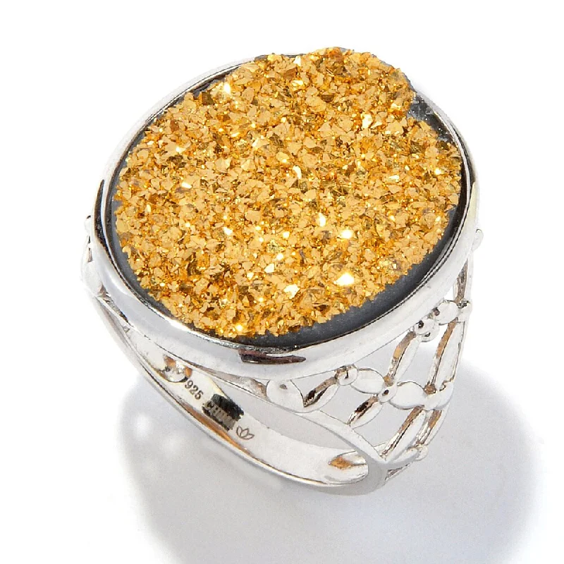 narrow stacking ring-Sterling Silver Oval Gold Druzy Cocktail Ring