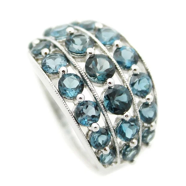 turquoise stone ring-Sterling Silver Three-row Round-cut London Blue Topaz Ring