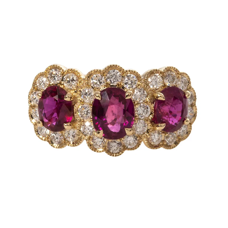 robust gemstone ring-Three Stone Oval Ruby & Diamond Halo 14K Yellow Gold Ring