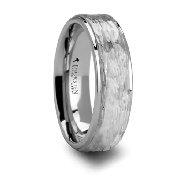 stretchable birthstone ring-WINSTON White Tungsten Ring Raised Hammered and Polished Step Edges 6mm & 4mm