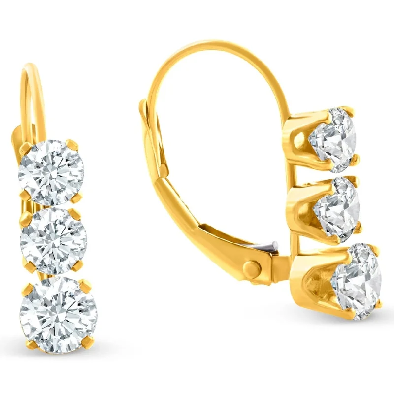 cast stud earrings-1/2ct 3 Stone Diamond Earrings Yellow Gold Lever Back Hoops