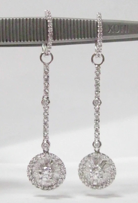 stretchable silver earrings-1.40 TCW Round & Baguette Diamonds Drop Dangling Earrings G VS2 18k White Gold