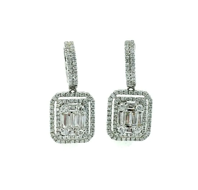 narrow drop earrings-1.45 Carats Invisible Baguette and Round Diamond Halo Earrings 18K White Gold