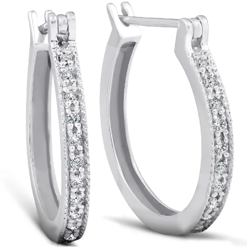 wave-shaped stud earrings-1/4ct Diamonds Hoops Milgrained 14K White Gold