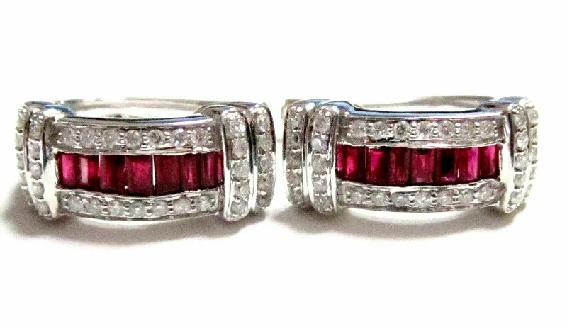 vintage-style hoop earrings-1.55 TCW Natural Baguette Red Ruby & Diamond Earrings Clip-on 14k White Gold