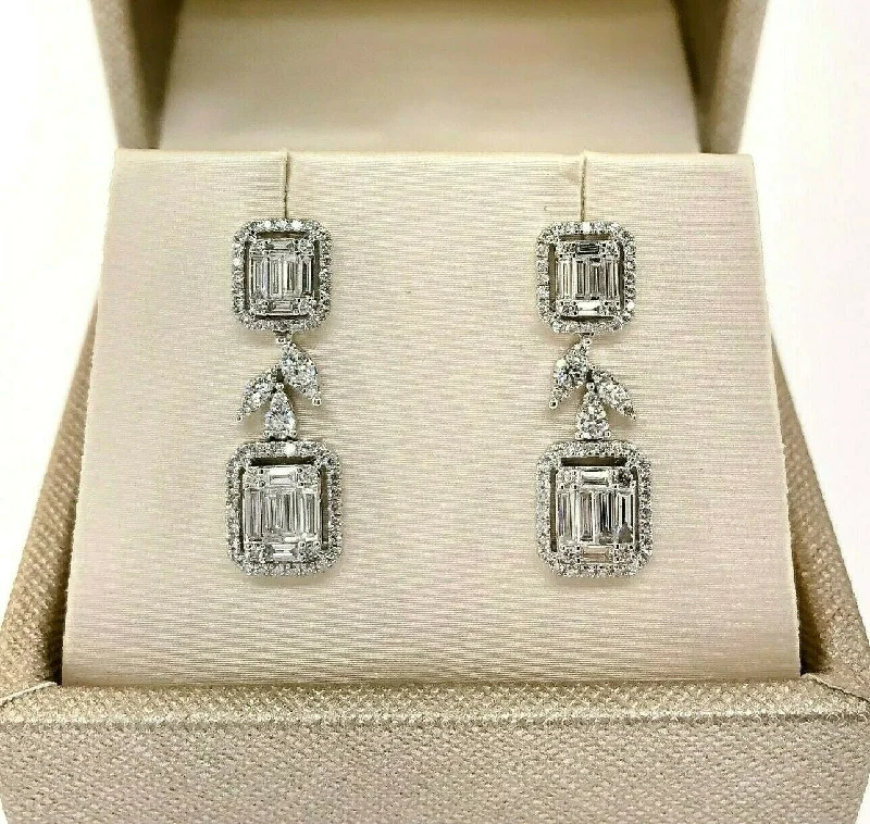 rose gold six-layer earrings-1.64 Carats Round and Baguette Diamond Halo Dangle Earrings 1.00 Inch Drop 18K