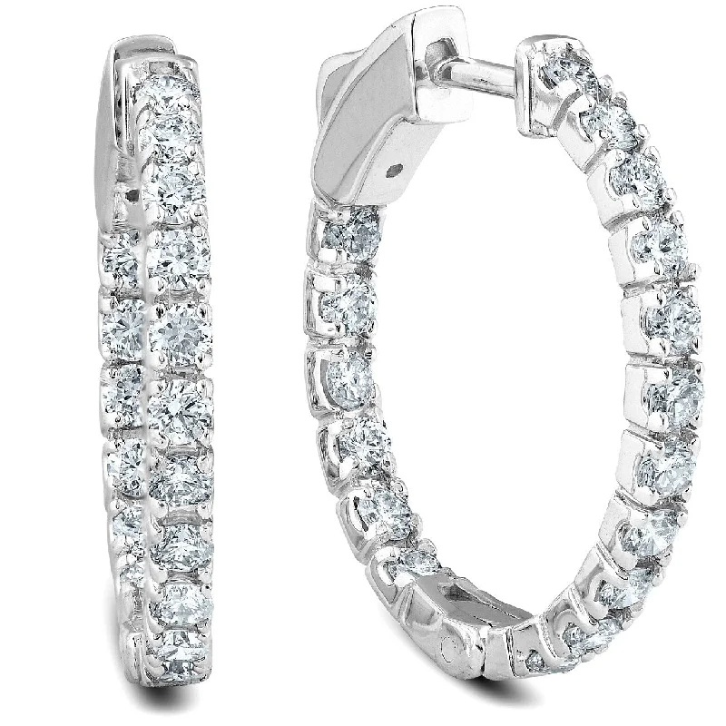 narrow stud earrings-1 Ct TW Diamond Hoops Women's Inside Outside Earrings 1" Tall Gold