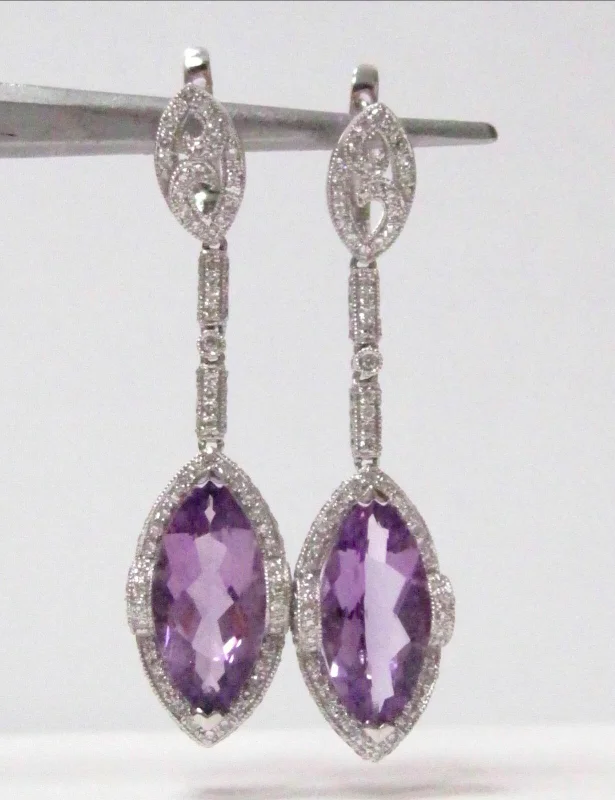 tendril gold earrings-10.66 TCW Natural Marquise Purple Amethyst & Diamond Drop Earrings 14k WhiteGold