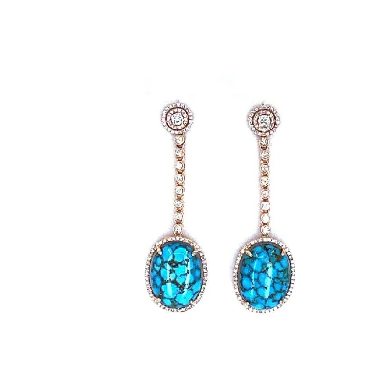 weathered gold earrings-13.33 CARATS DIAMOND AND OVAL SHAPE TURQUOISE DANGLING EARRINGS IN 14K ROSE GOLD