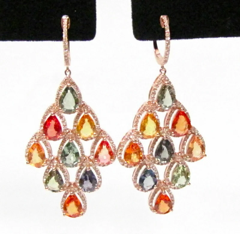 cast silver earrings-14.70 Tcw Multi-Color Sapphires & Diamond Chandlier Earrings 14k Rose Gold