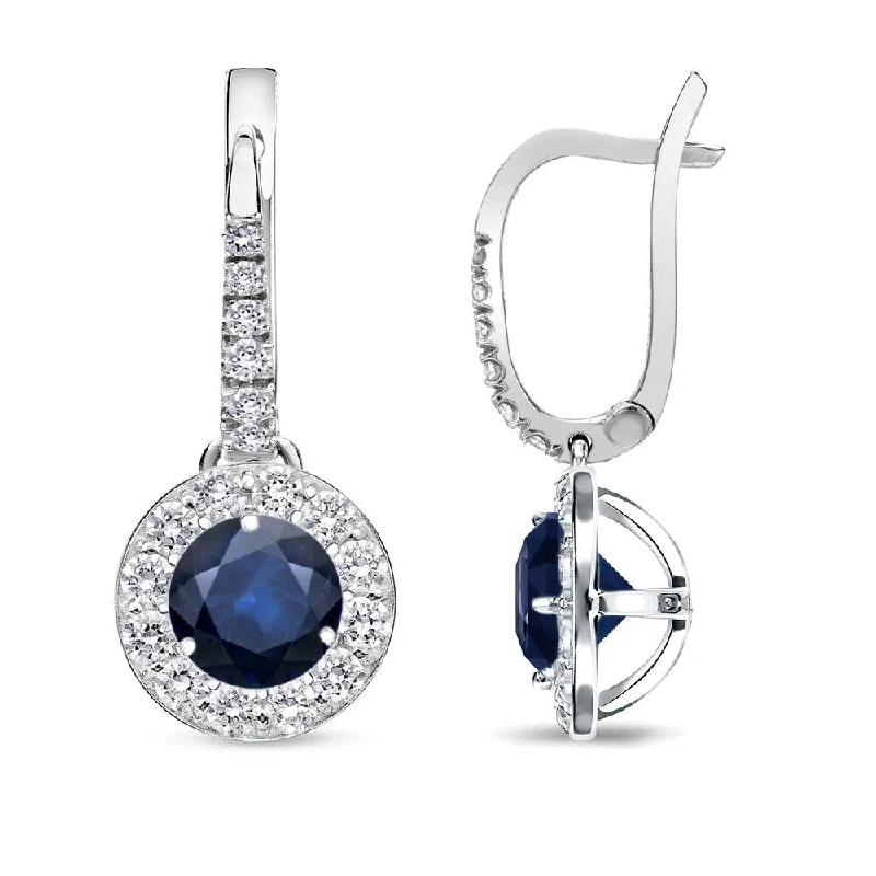 stretchable hoop earrings-14k Gold Round 1/3ct Blue Sapphire and 2/5ct TDW Diamond Halo Dangle Earrings by Auriya