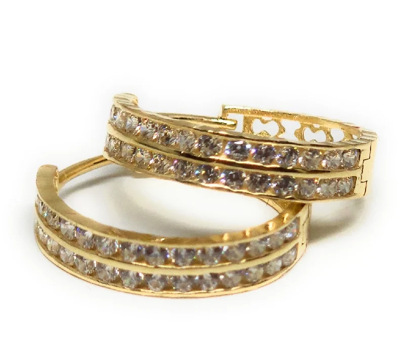 lavish drop earrings-14k Solid Gold Double Row Huggie CZ Earrings