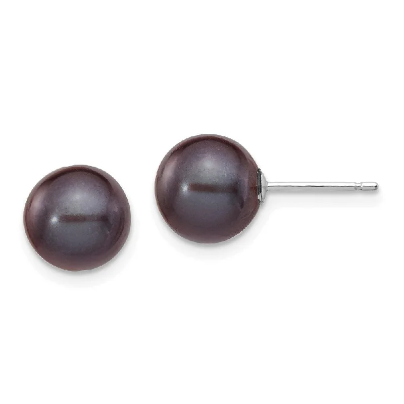 moonstone stone earrings-14k White Gold Black Round Cultured Pearl Stud Earrings (L-8 mm, W-9 mm)