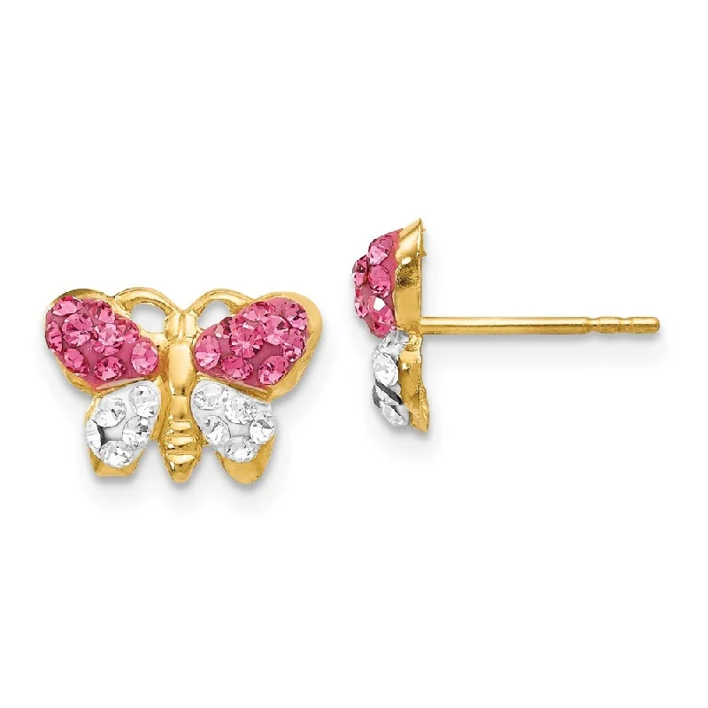 sci-fi gemstone earrings-14k Yellow Gold Pink White Crystal Butterfly Stud Earrings (L-7 mm, W-11 mm)