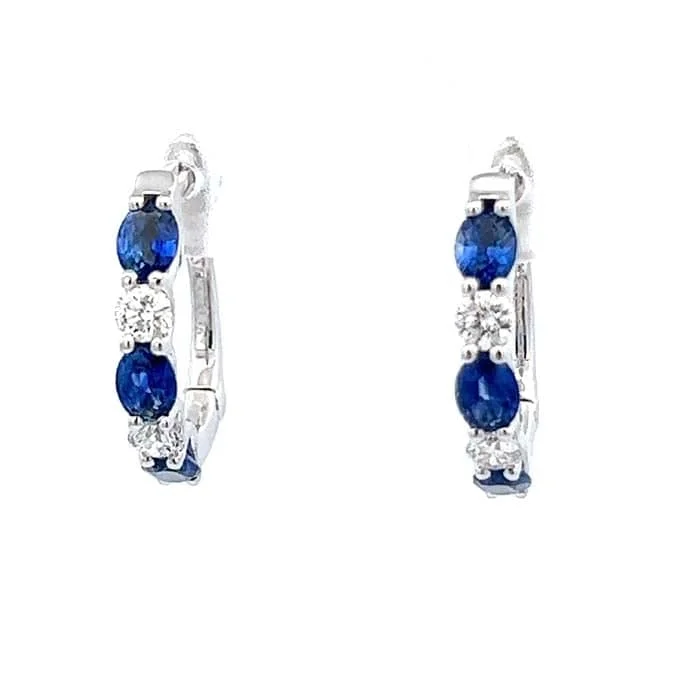 ribbed silver earrings-Mountz Collection Sapphire and Diamond Oval Hoop Earrings in 14K White Gold