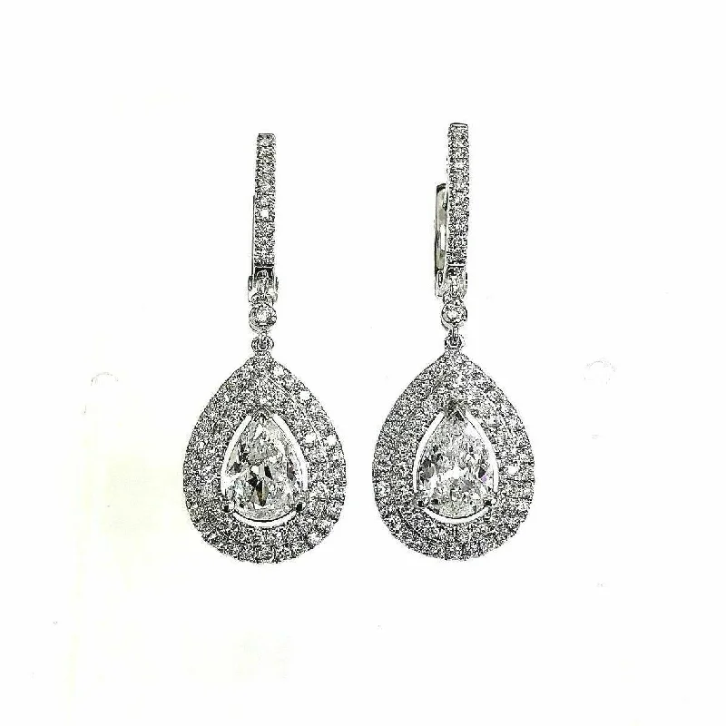 wave-shaped earrings-2.35 Carats t.w. Double Halo Diamond Dangle Hinge Earrings 18K 1.45 Pear Centers