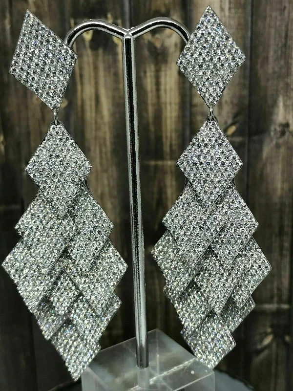 wave-shaped charm earrings-23.20Ct. F/G VVS 18k White Gold Multi Layer Chandelier Dangling Diamond Earrings