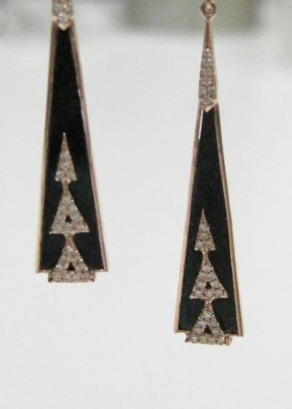 gold weave earrings-.24 TCW Natural Elongated BLACK ONYX Diamond Dangle Earrings 14kt Rose Gold