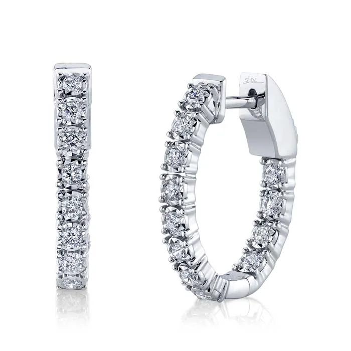 vintage-style earrings-Shy Creation .47CTW Diamond Oval Inside/Outside Hoop Earrings in 14K White Gold