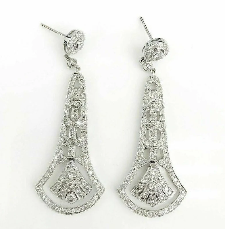 wave-shaped charm earrings-3.02 ct Diamond Dangle Drop Vintage Earrings in 18K White Gold