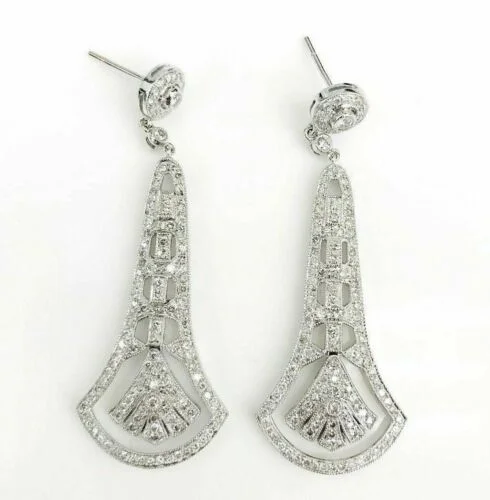 steel stud earrings-3.02 ct Diamond Dangle Drop Vintage Earrings in 18K White Gold