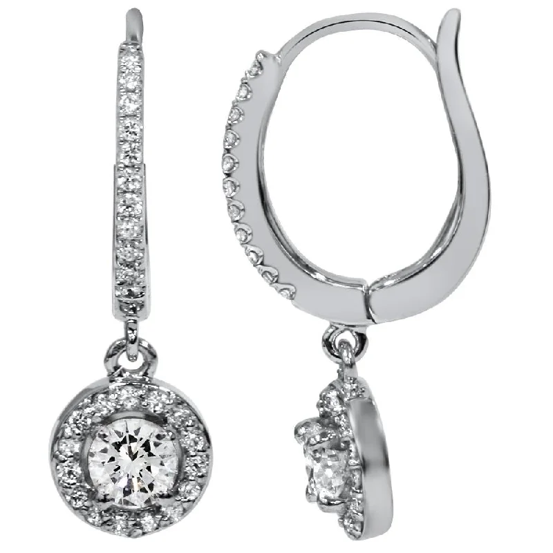 rover peridot earrings-5/8ct Pave Diamond Hoop Dangle Lever Back Earrings White Gold 1" Tall