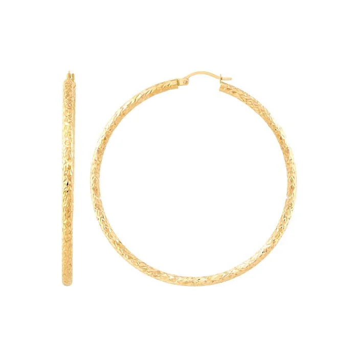 vine-inspired earrings-Mountz Collection Diamond Cut 3mm x 60mm Round Tube Hoop Earrings in 14K Yellow Gold