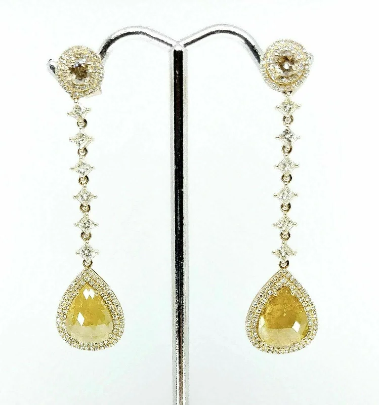 stretchable birthstone earrings-6.65 TCW Diamond Pear Dangle Earrings w/ Champagne Solitaire 14K Yellow Gold