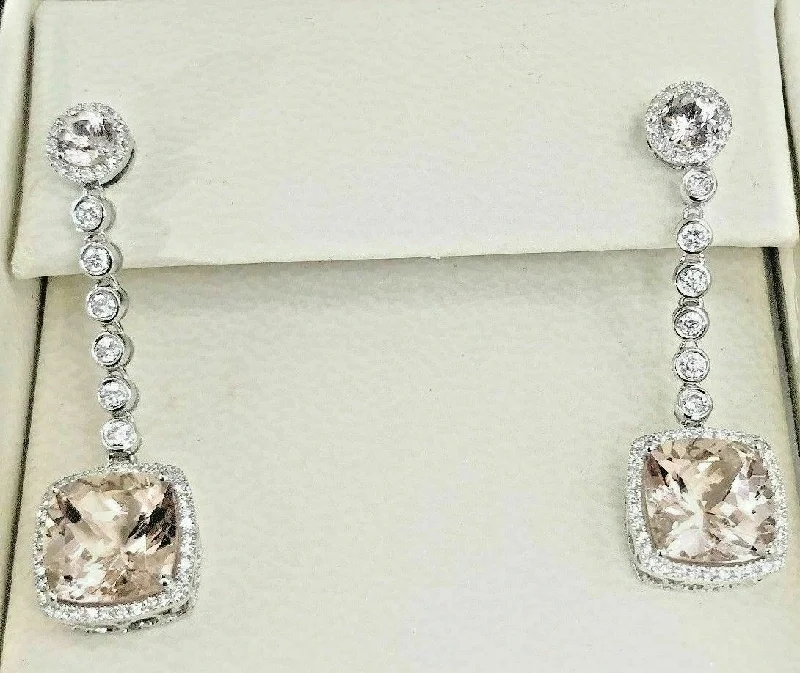 custom nebula earrings-6.65 tcw Margonite Cushion Drop Earrings Halo Diamond Dangling in 14K White Gold