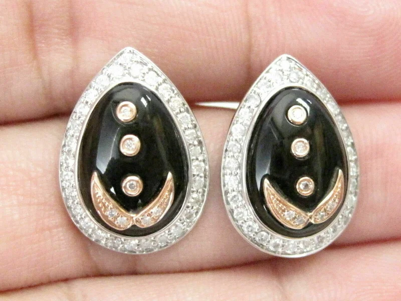 radiant drop earrings-8.70 TCW Natural Pear Shape Black Onyx & White Diamonds Earrings 18k White Gold