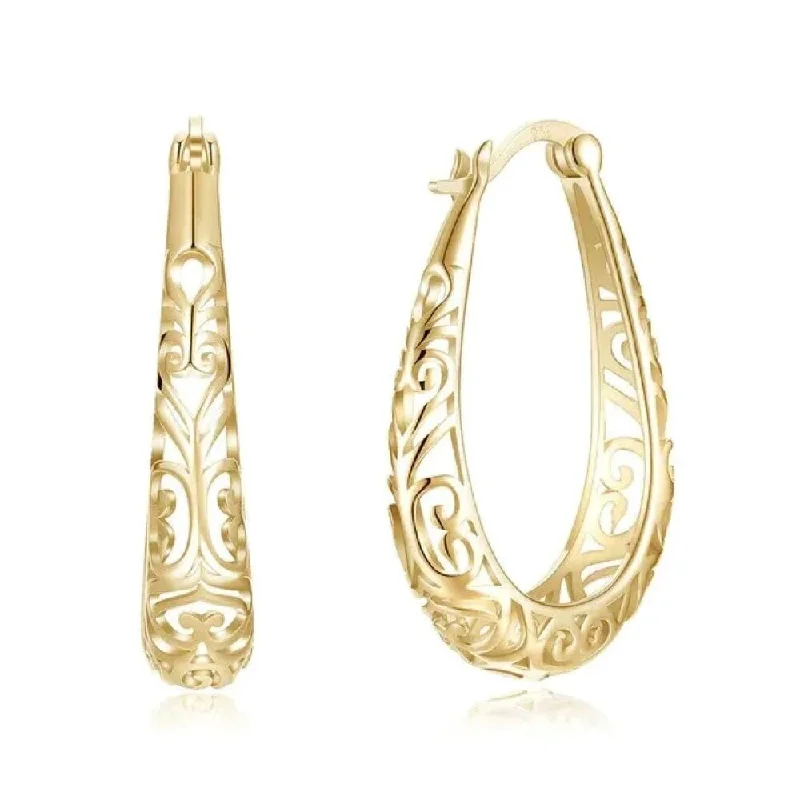 steel drop earrings-925 Sterling Silver 30mm Gold Oval Filigree Hoop Earrings