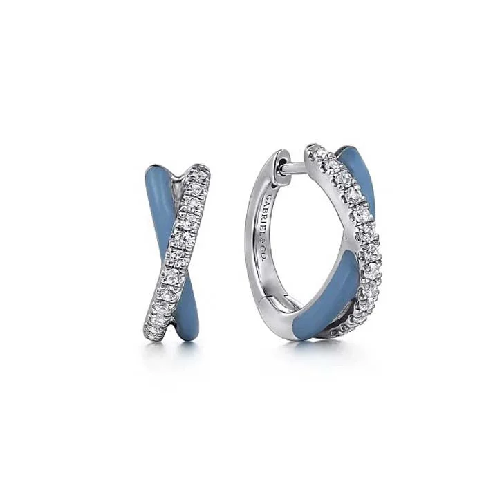 wave-shaped drop earrings-Gabriel White Sapphire and Baby Blue Enamel Crossover Hoop Earrings in Sterling Silver