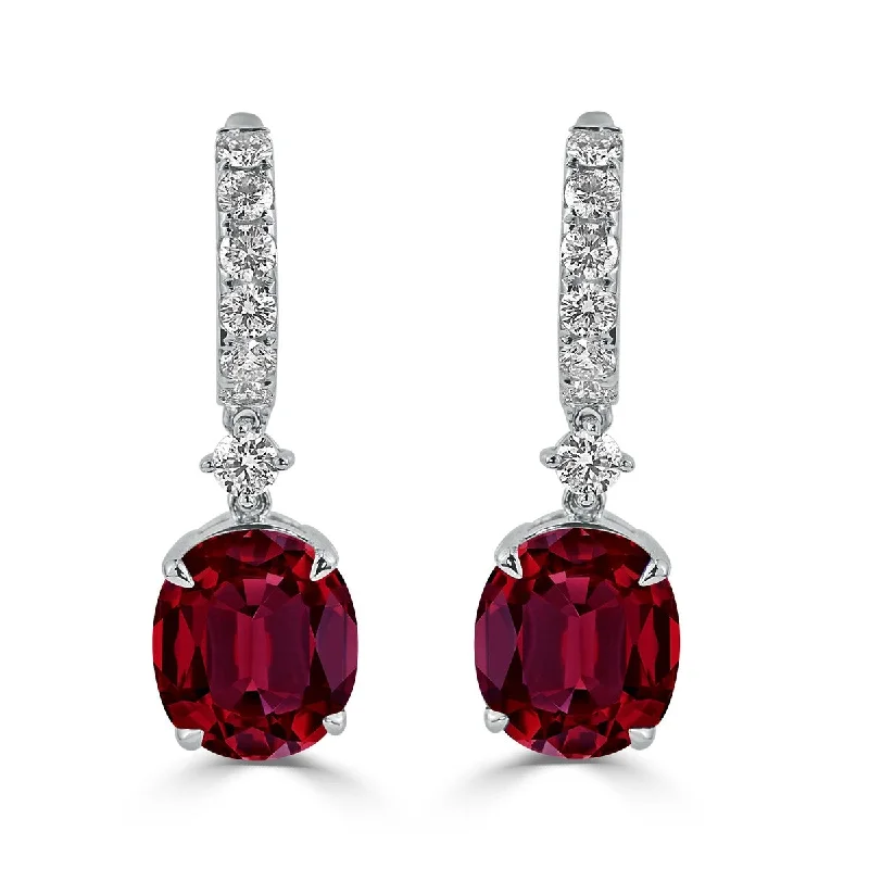 arched chandelier earrings-Auriya 12 9/10ct Fancy Oval-cut Red Ruby Halo Diamond Dangle Earrings 1 1/4ctw 18k Gold