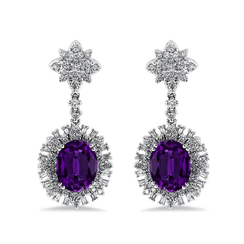 sci-fi bolt earrings-Auriya 4 5/8ct Fancy Oval-cut Amethyst Halo Diamond Drop Earrings 1 3/4ctw 18k Gold