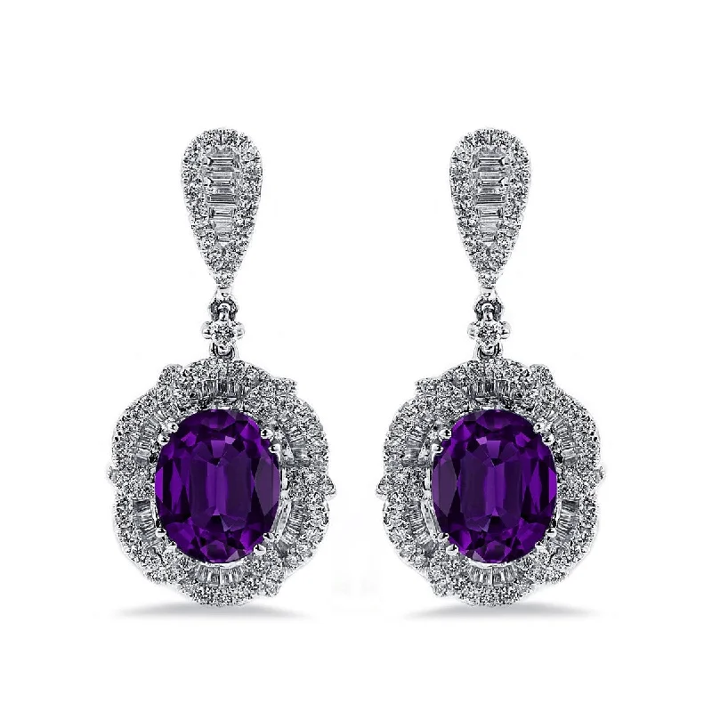 sci-fi bolt earrings-Auriya 4 5/8ct Fancy Oval-cut Amethyst Halo Diamond Drop Earrings 2 1/8ctw 18k Gold