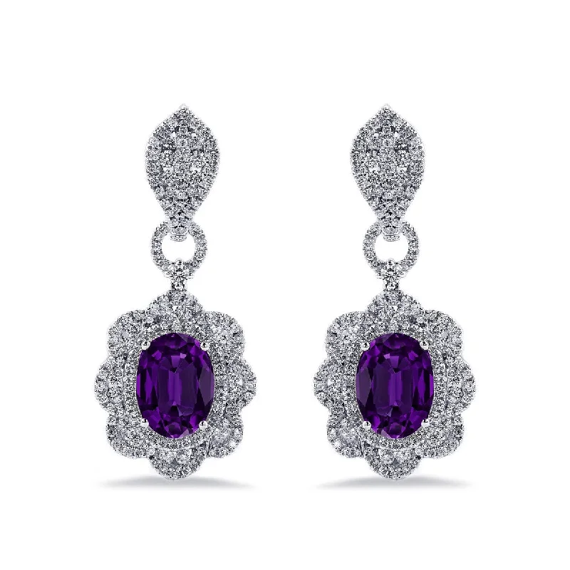 wave drop earrings-Auriya 4 5/8ct Fancy Oval-cut Amethyst Halo Diamond Drop Earrings 2 3/4ctw 18k Gold