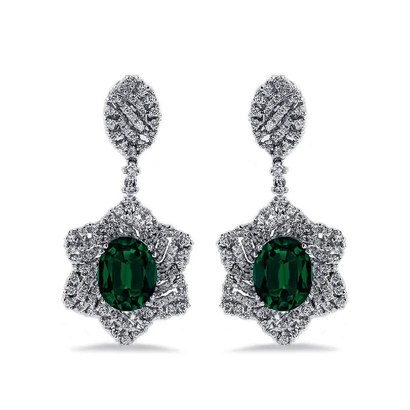 steel drop earrings-Auriya 4 9/10ct Fancy Oval-cut Emerald Halo Diamond Drop Earrings 1 1/4ctw 18k Gold