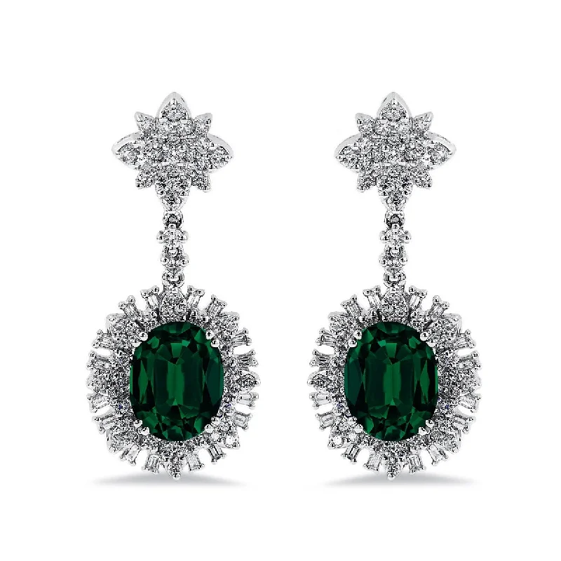 narrow gemstone earrings-Auriya 4 9/10ct Fancy Oval-cut Emerald Halo Diamond Drop Earrings 1 3/4ctw 18k Gold