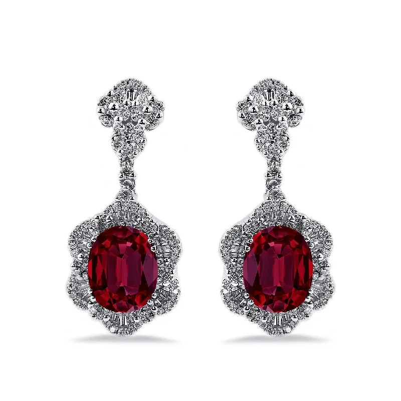 deco fluorite earrings-Auriya 5 3/4ct Fancy Oval-cut Red Ruby Halo Diamond Drop Earrings 1 7/8ctw 18k Gold