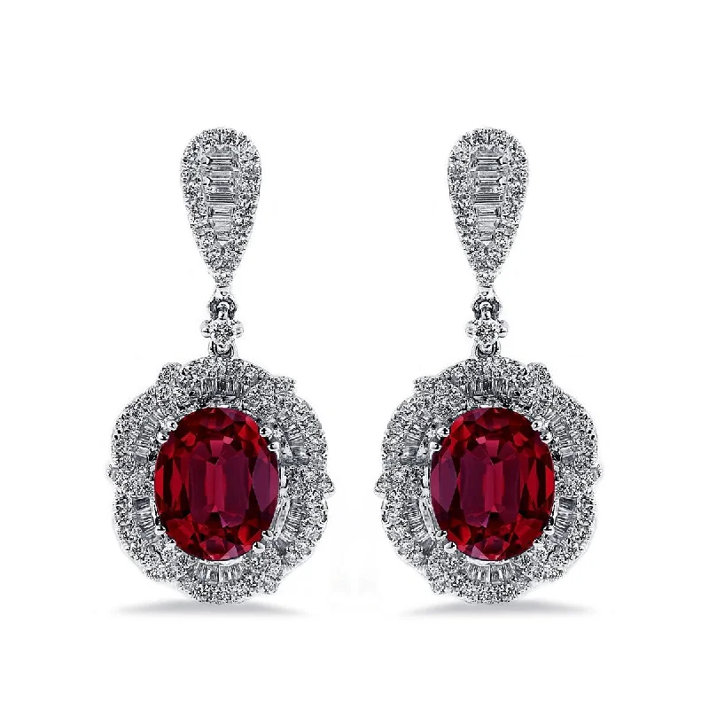 rose gold twisted earrings-Auriya 5 3/4ct Fancy Oval-cut Red Ruby Halo Diamond Drop Earrings 2 1/8ctw 18k Gold