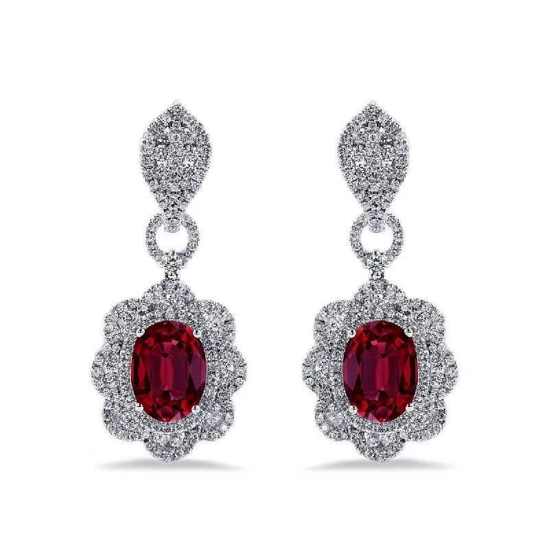 vintage-style drop earrings-Auriya 5 3/4ct Fancy Oval-cut Red Ruby Halo Diamond Drop Earrings 2 3/4ctw 18k Gold