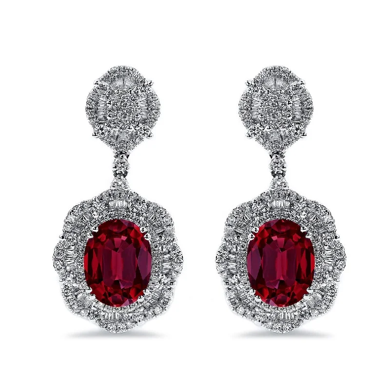 rover chandelier earrings-Auriya 5 3/4ct Fancy Oval-cut Red Ruby Halo Diamond Drop Earrings 2 5/8ctw 18k Gold